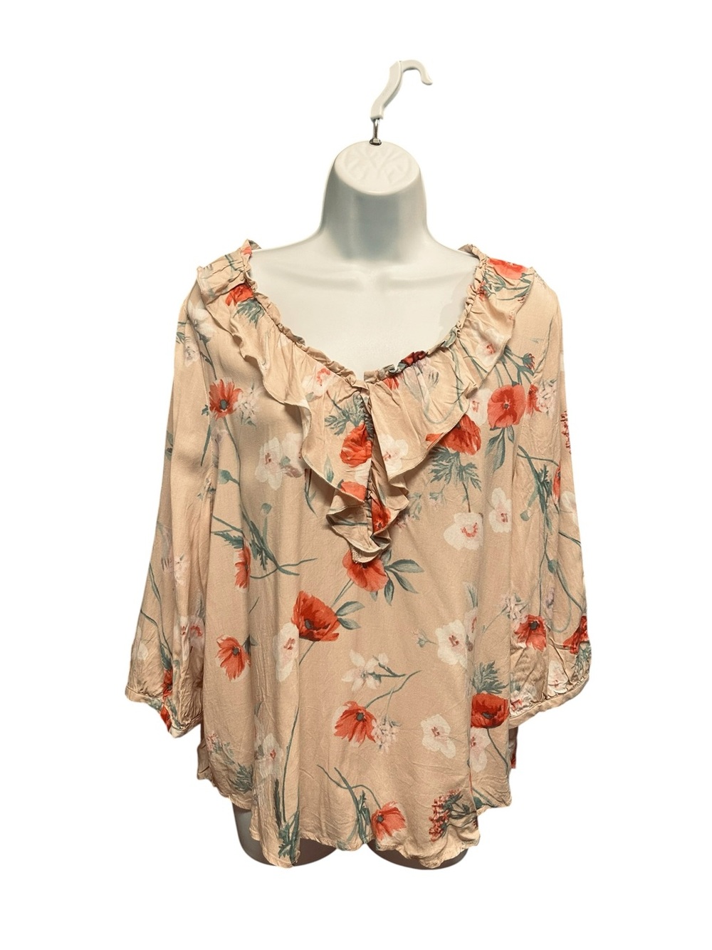 Cooper & Ella Floral Ruffle V-Neck Rayon Blouse Size L